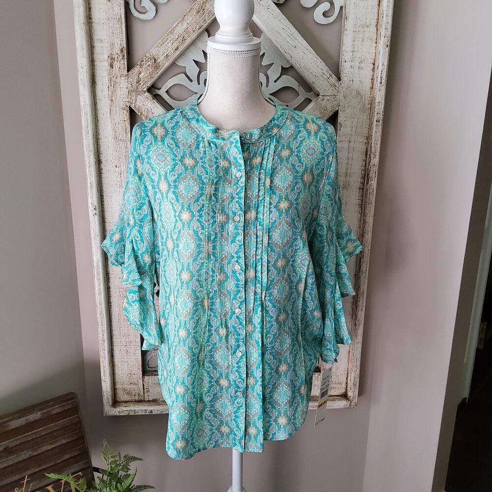 Ruby Rd Ikat Ruffle Sleeve Blouse Small Boho Retro Lightweight Top